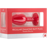 Ouch Regular Diamond Butt Plug Red in packaging, showcasing its flexible silicone design for anal pleasure.