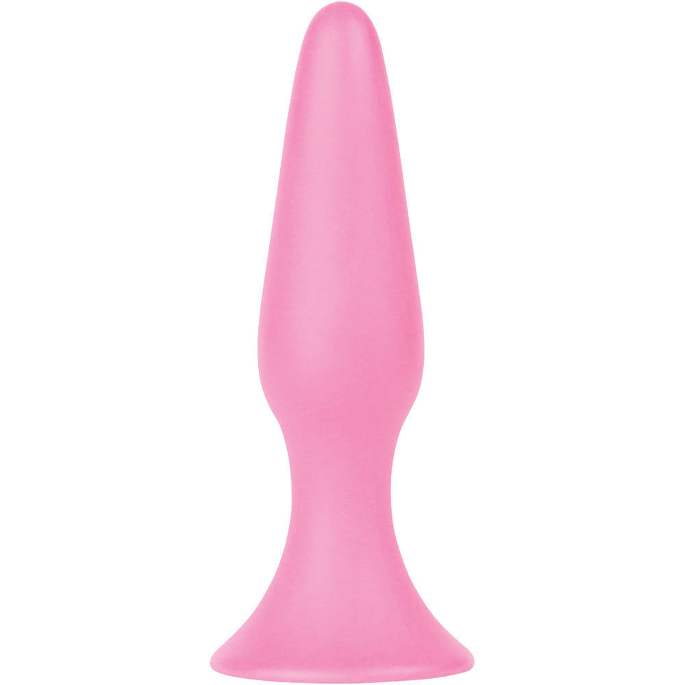 Shots Toys Silky Buttplug Big Pink, a smooth and conical anal plug with a suction cup base for hands-free play.