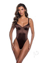 Roma Midnight Essentials Bodysuit Large Brown on model, showcasing sleek design and demi cup neckline in rich brown satin.