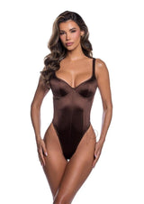 Roma Midnight Essentials Bodysuit Medium Brown on model, showcasing sleek satin jersey fabric and flattering design.