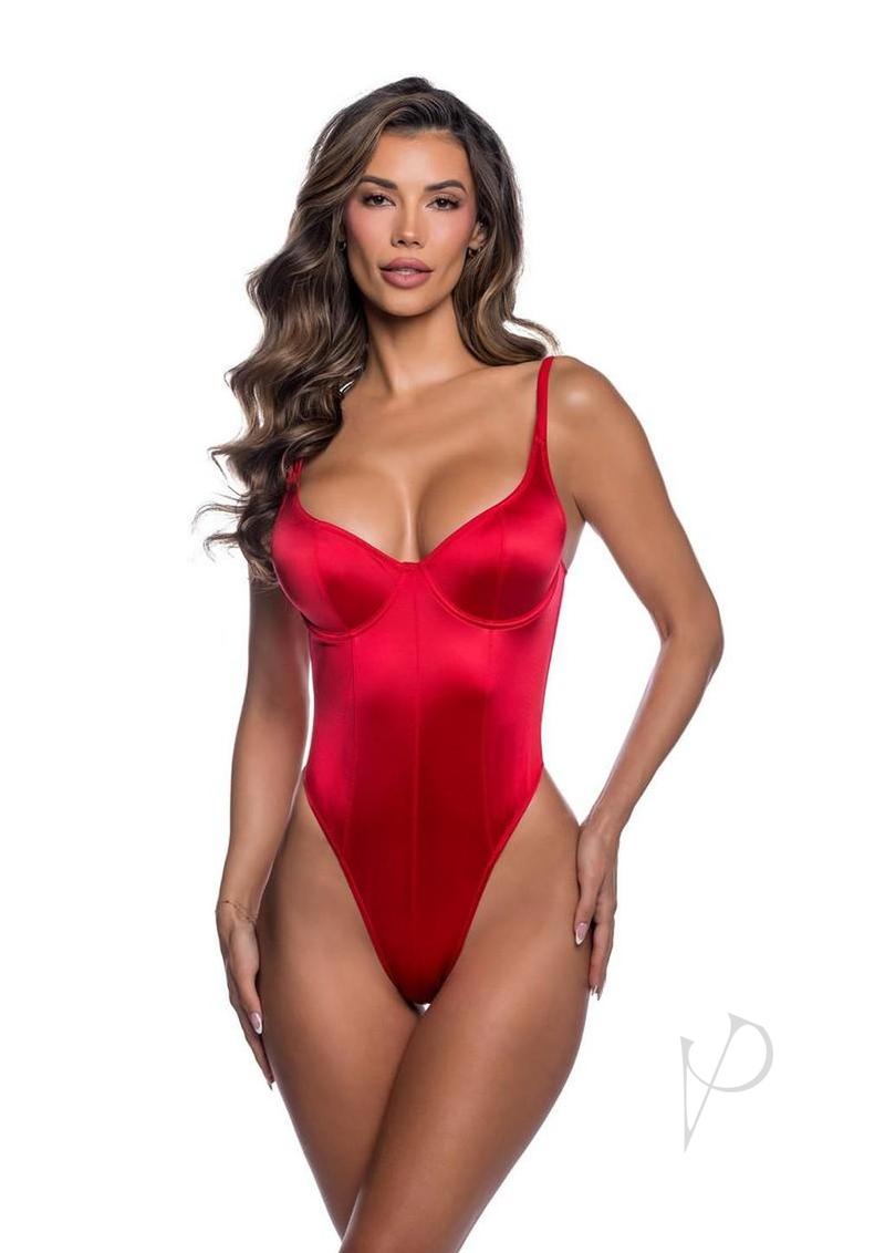 Roma Midnight Essentials Bodysuit XLarge Red worn by model, showcasing a seductive silhouette in smooth stretch fabric.