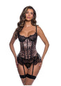 Model showcasing the Roma Bella Bustier XLarge Leopard lingerie set with a striking leopard design and floral lace accents.