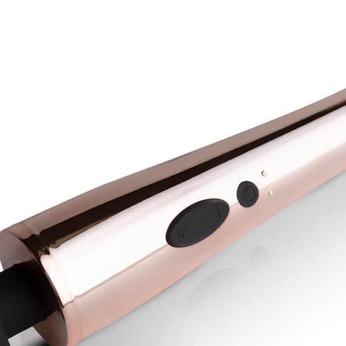 Close-up of the Rosy Gold Nouveau Wand Vibrator showing control buttons and elegant design.