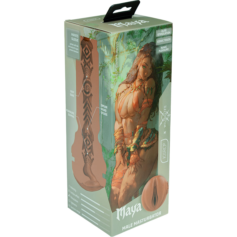 Kiiroo Feel Maya TPE Stroker for Keon 2 packaging with vibrant artwork and detailed design.