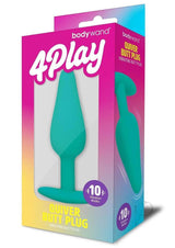 Bodywand 4Play Quiver Rechargeable Butt Plug Aqua in packaging with 10 vibration models indicated.