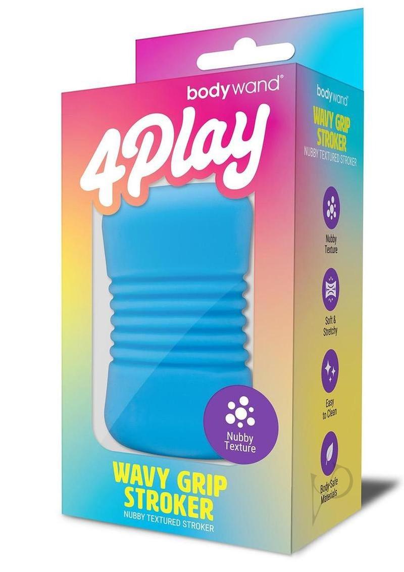 Bodywand 4Play Wavy Grip Stroker Blue packaging featuring a soft, stretchy design with nubby texture.