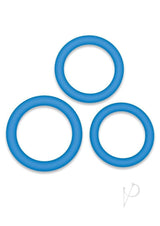 Bodywand 4Play Flex Trio Silicone Cockring Set Blue featuring three soft blue silicone C-rings.