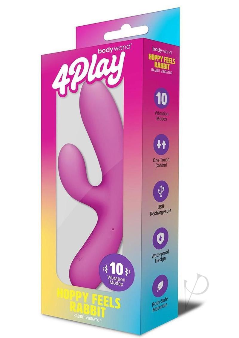 Bodywand 4Play Hoppy Feels Rechargeable Rabbit Vibrator Pink packaging showcasing its features and design.