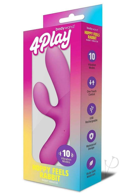 Bodywand 4Play Hoppy Feels Rechargeable Rabbit Vibrator Pink packaging showcasing its features and design.