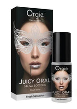 Orgie Juicy Oral Refreshing Mouth Spray 0.5 Oz Mint packaging and bottle, designed for intimate freshening.