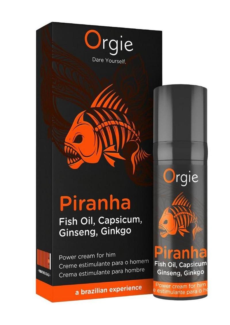 Orgie Piranha Power Cream for Him 0.5 Oz packaging and product with fish graphic and description.