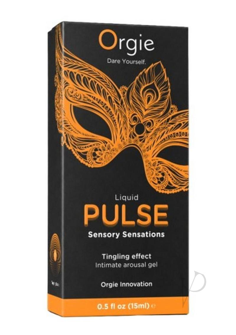 Orgie Liquid Pulse Arousal Intimate Gel 0.5 Oz Ice Caramel packaging showcasing the tingling effect and sensory sensations.