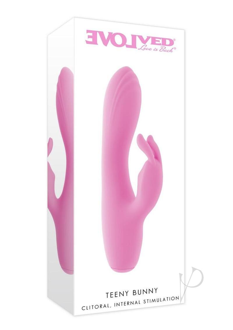 Evolved Teeny Bunny Silicone Rabbit Vibrator Pink packaging showcasing its compact design for dual stimulation.