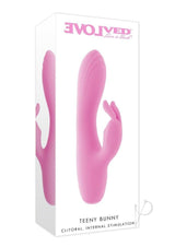 Evolved Teeny Bunny Silicone Rabbit Vibrator Pink packaging showcasing its compact design for dual stimulation.