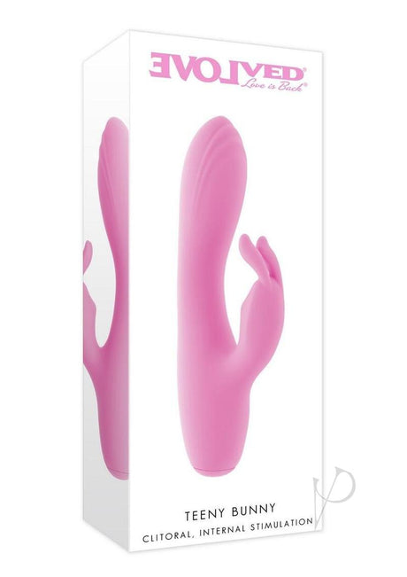 Evolved Teeny Bunny Silicone Rabbit Vibrator Pink packaging showcasing its compact design for dual stimulation.