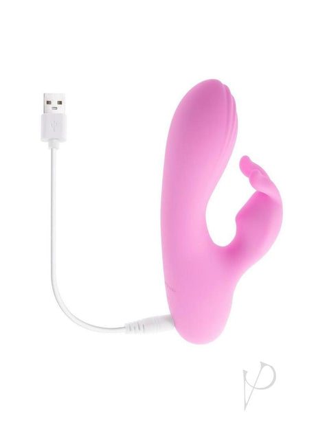 Evolved Teeny Bunny Silicone Rabbit Vibrator Pink with USB charging cable, compact and dual stimulation design.