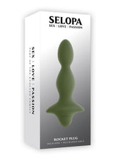 Selopa Rocket Plug Silicone Rechargeable Green vibrator in packaging for stimulating anal play.