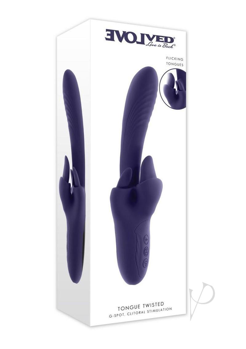 Evolved Tongue Twisted Silicone Clitoral Stimulator Purple in packaging with flicking tongues and controls.