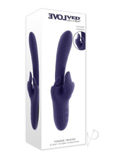 Evolved Tongue Twisted Silicone Clitoral Stimulator Purple in packaging with flicking tongues and controls.