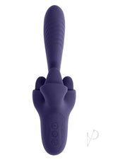 Evolved Tongue Twisted Silicone Clitoral Stimulator Purple with trio of flickering tongues for pleasure.