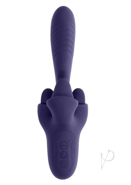 Evolved Tongue Twisted Silicone Clitoral Stimulator Purple with trio of flickering tongues for pleasure.