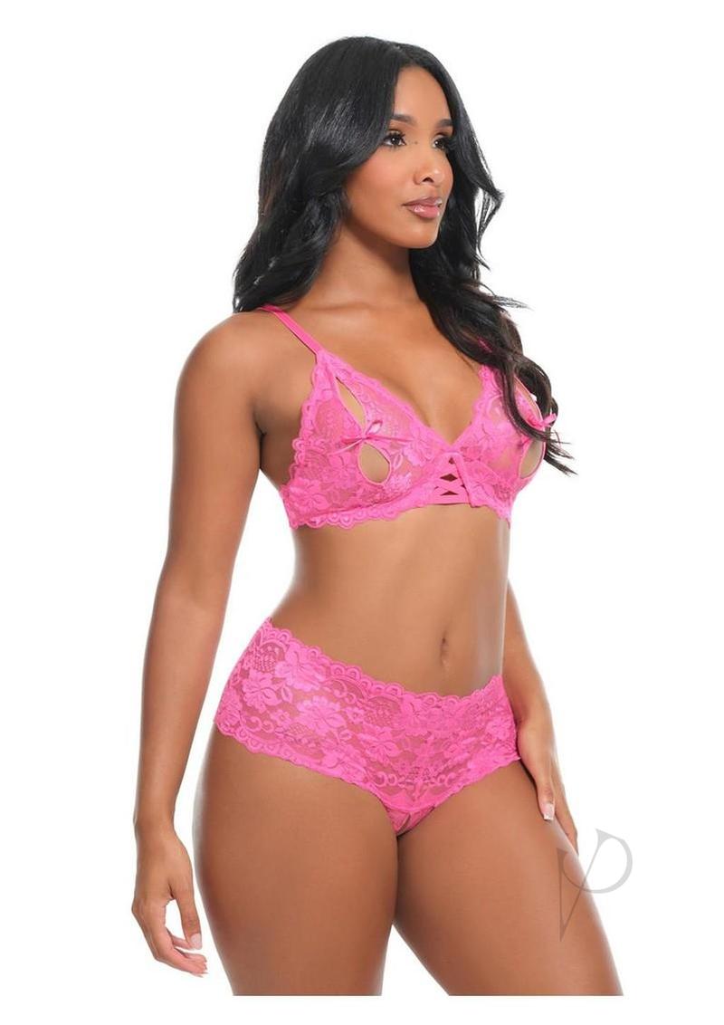 Oh La La Cheri Goodnight Kiss 2 Piece Lingerie Set Pink model wearing pink lace lingerie set