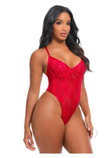 Oh La La Cheri Brielle Teddy Small/Medium Red one-piece lingerie in red on model with flattering silhouette
