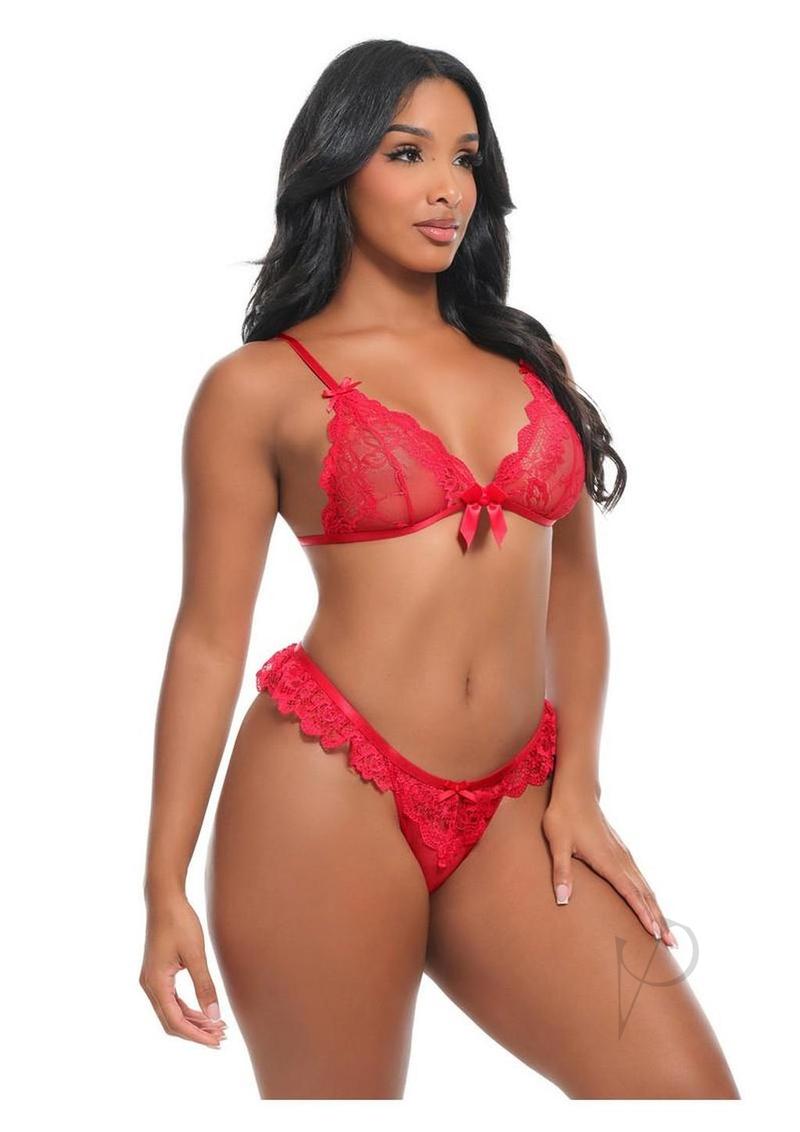 Oh La La Cheri Valentine 2 Piece Lingerie Set Medium Red featuring lace bra and matching thong in vibrant red.