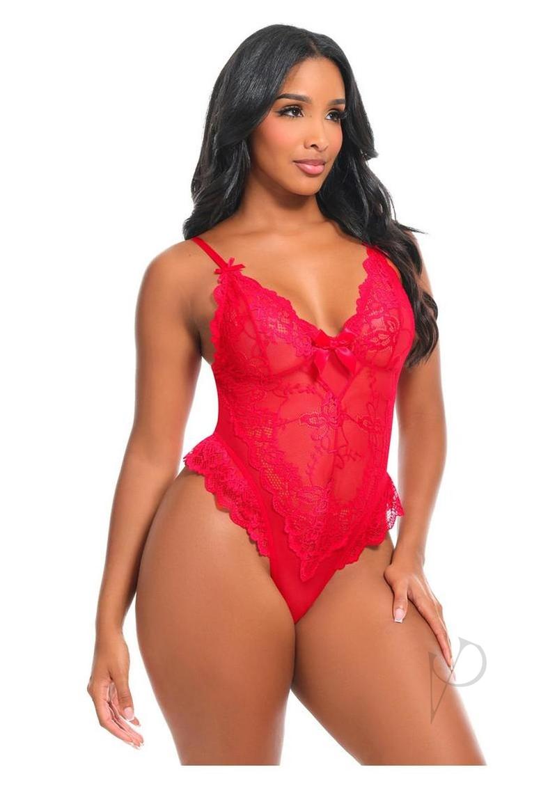Oh La La Cheri Valentine Teddy XLarge Red lingerie on model, showcasing bold red color and seductive lace details.