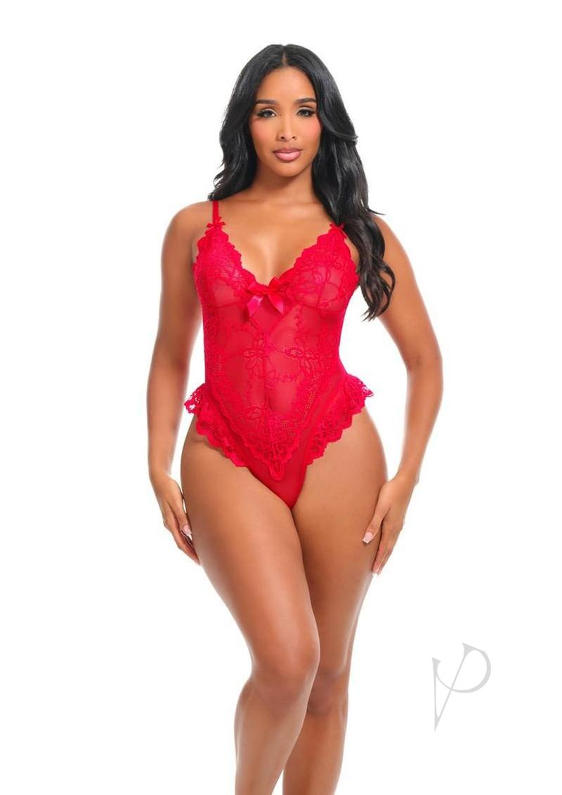 Oh La La Cheri Valentine Teddy XLarge Red worn by a model, showcasing a sexy and romantic lingerie look.