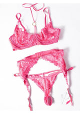 Oh La La Cheri Luly 3 Piece Lingerie Set Small Pink in delicate lace, featuring a bra, thong, and garter belt.
