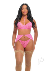 Oh La La Cheri Luly 3 Piece Lingerie Set Small Pink displayed on a model, showcasing delicate lace and a flirty design.
