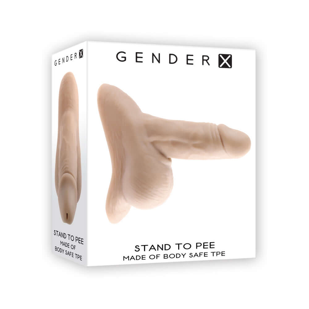 Gender X Stand To Pee TPE Light product packaging showcasing a realistic stand-to-pee packer made of body-safe TPE.