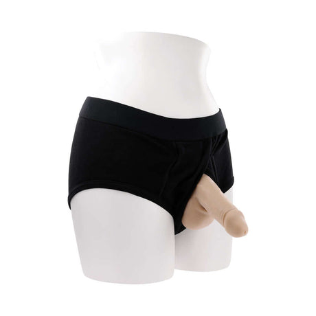 Gender X Stand To Pee TPE Light displayed on a mannequin wearing black underwear, showcasing a realistic packer.