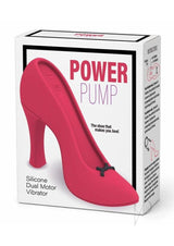 Power Pump Dual Motor Rechargeable Silicone Vibrator Red packaging featuring a chic high heel design.