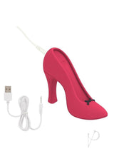 Power Pump Dual Motor Rechargeable Silicone Vibrator Red in a chic high heel design with USB charging cable.
