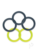 LUX Active Core Silicone Stamina Rings 5 Pack Navy Green in navy and lime colors displayed together.