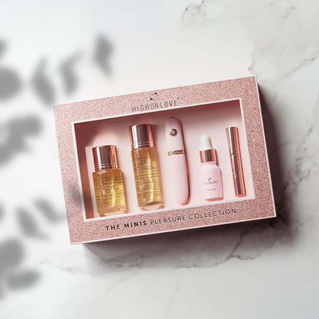 HighOnLove The Minis Pleasure Collection shown in a luxurious box with intimacy essentials and products.