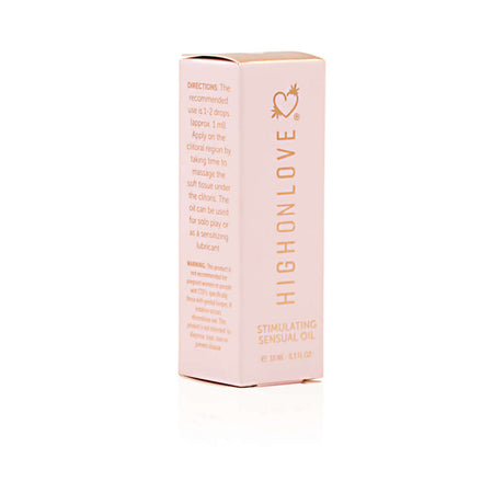HighOnLove Mini Sensual Stimulating Oil packaging with usage directions for enhancing intimacy and pleasure.