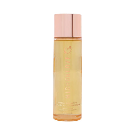 HighOnLove Massage Oil Tropical Sunset in an elegant bottle with a rose gold cap, promoting relaxation and intimacy.