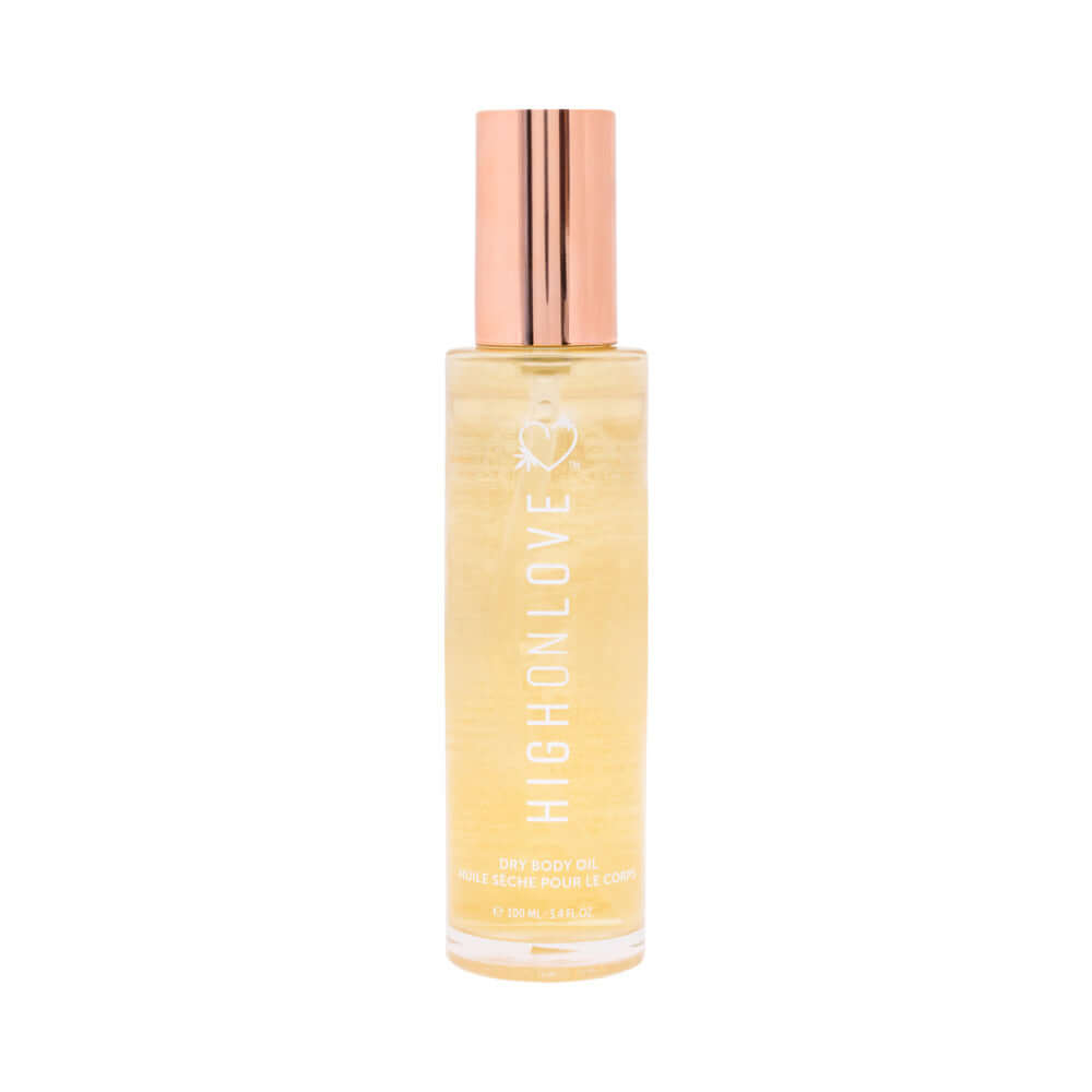 HighOnLove Dry Body Oil Spray bottle with a gold formula for nourishing skin and hair.