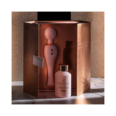 HighOnLove Objects of Luxury Gift Set featuring a body wand and sensual massage oil in a decorative box.