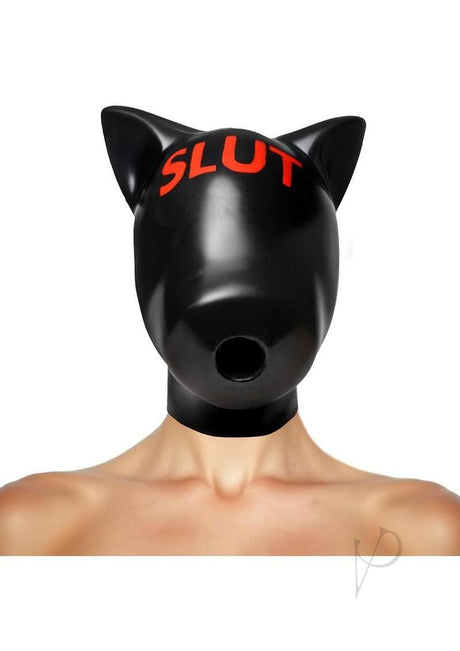 Master Series Slut Silicone Sensory Hood Black and Red featuring a black hood with red SLUT lettering and pup ears.