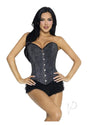 Leg Avenue Glitter Boned Corset Lace-Up Back Large Black with sparkling texture and matching ruffled shorts.