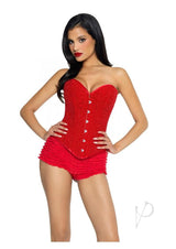 Leg Avenue Glitter Boned Corset with Lace-Up Back Medium Red on model showcasing strapless design and sparkly finish.
