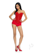Leg Avenue Glitter Boned Corset with Lace-Up Back Medium Red worn by a model in red high heels.