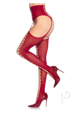 Leg Avenue Faux Lace-Up Stockings with Garter Belt Burgundy showcased with a polished style and corset-inspired detail.