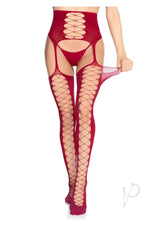 Leg Avenue Faux Lace-Up Stockings with Garter Belt Burgundy showcasing opaque thigh-high design and faux lace-up details.