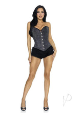 Leg Avenue Glitter Boned Lace-Up Corset Small Black modeled with matching ruffled shorts, showcasing old-school glamour.