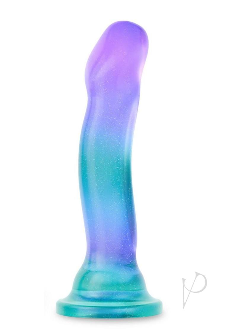 Avant Aurora Handcrafted 7 Inch Silicone Dildo Purple Teal with luminous swirls and ergonomic shape for stimulation.